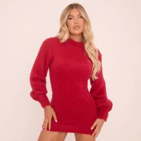 Red Fluffy Knit Long Balloon Sleeve Jumper Dress