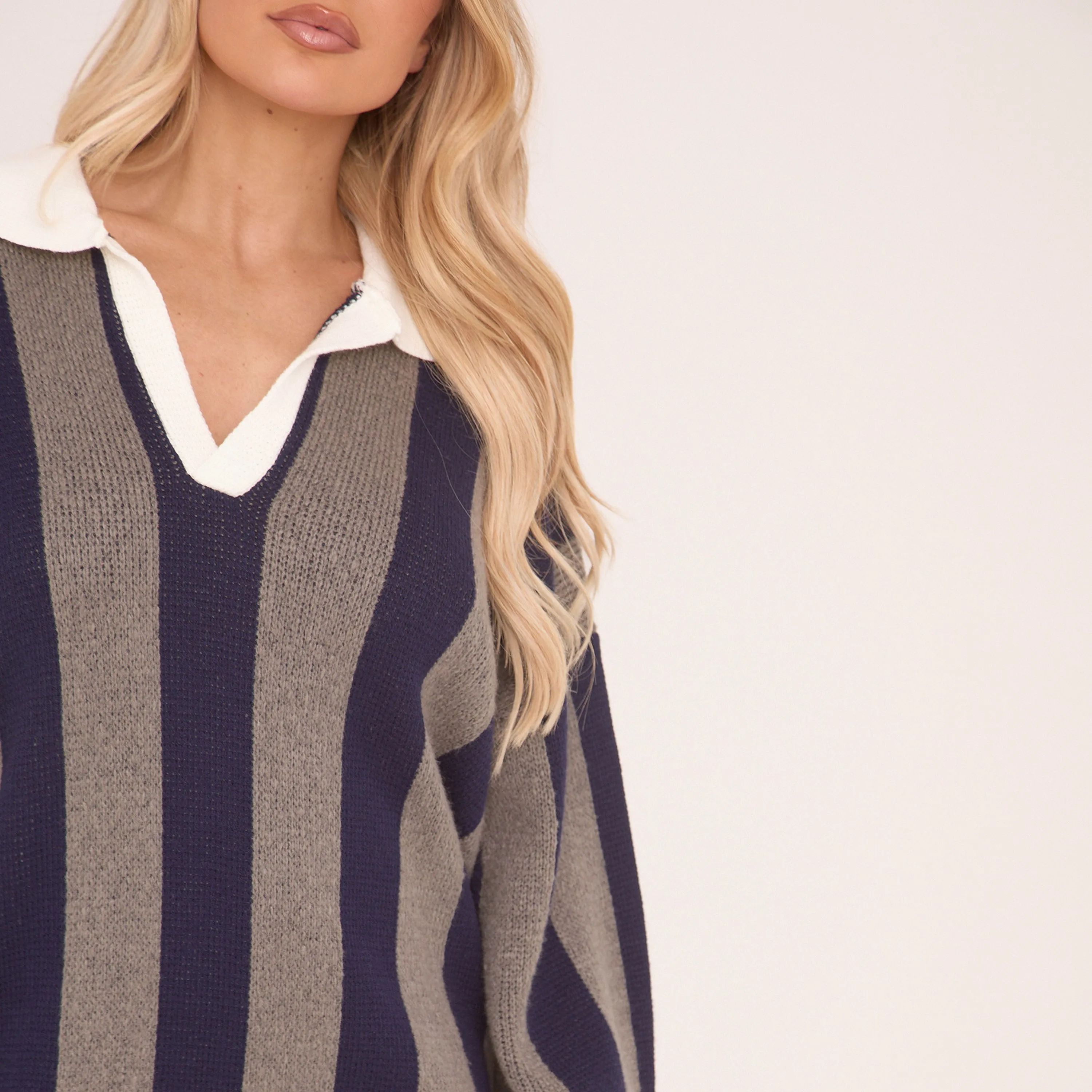 Long Sleeve Collared Jumper Dress Grey Stripe Knit