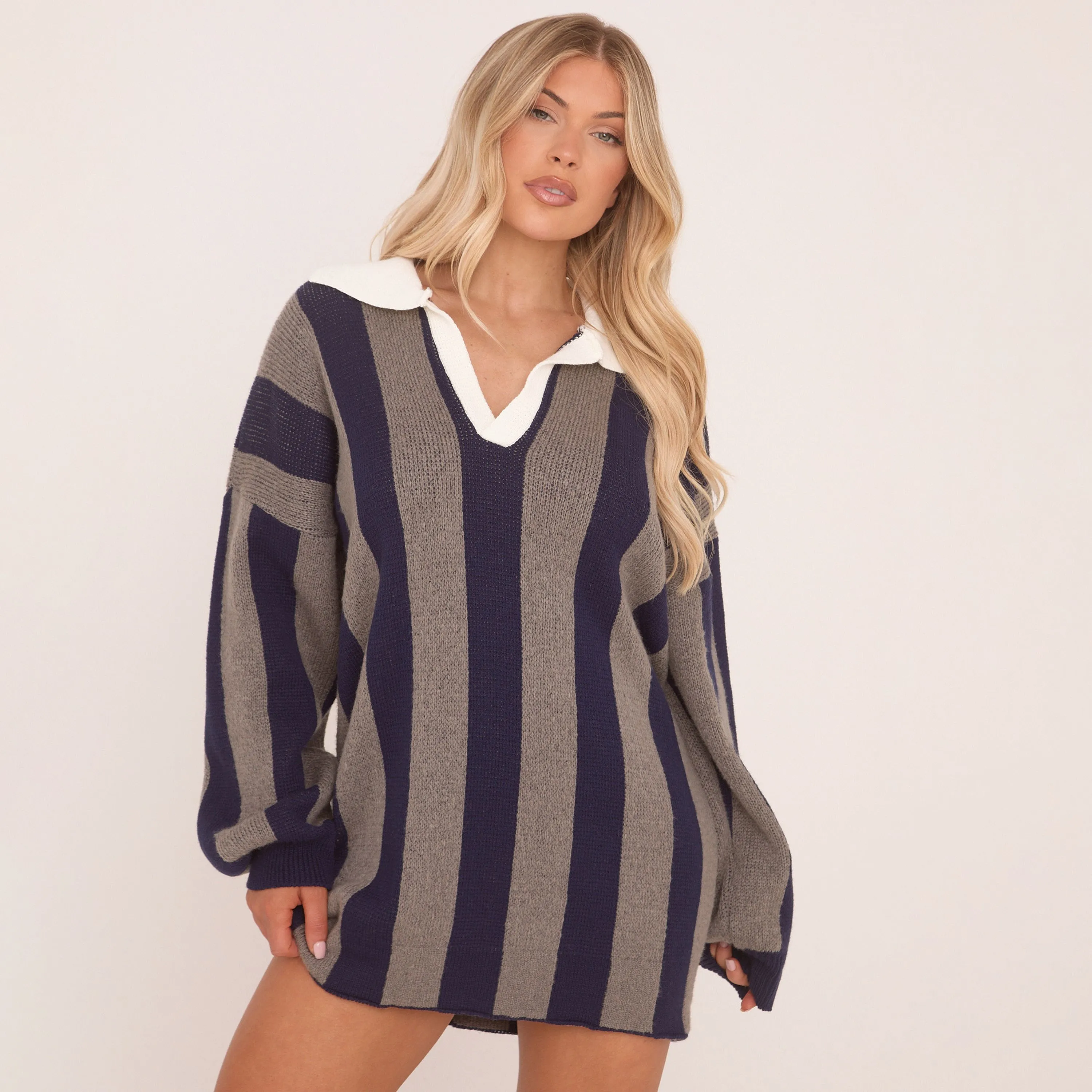 Long Sleeve Collared Jumper Dress Grey Stripe Knit