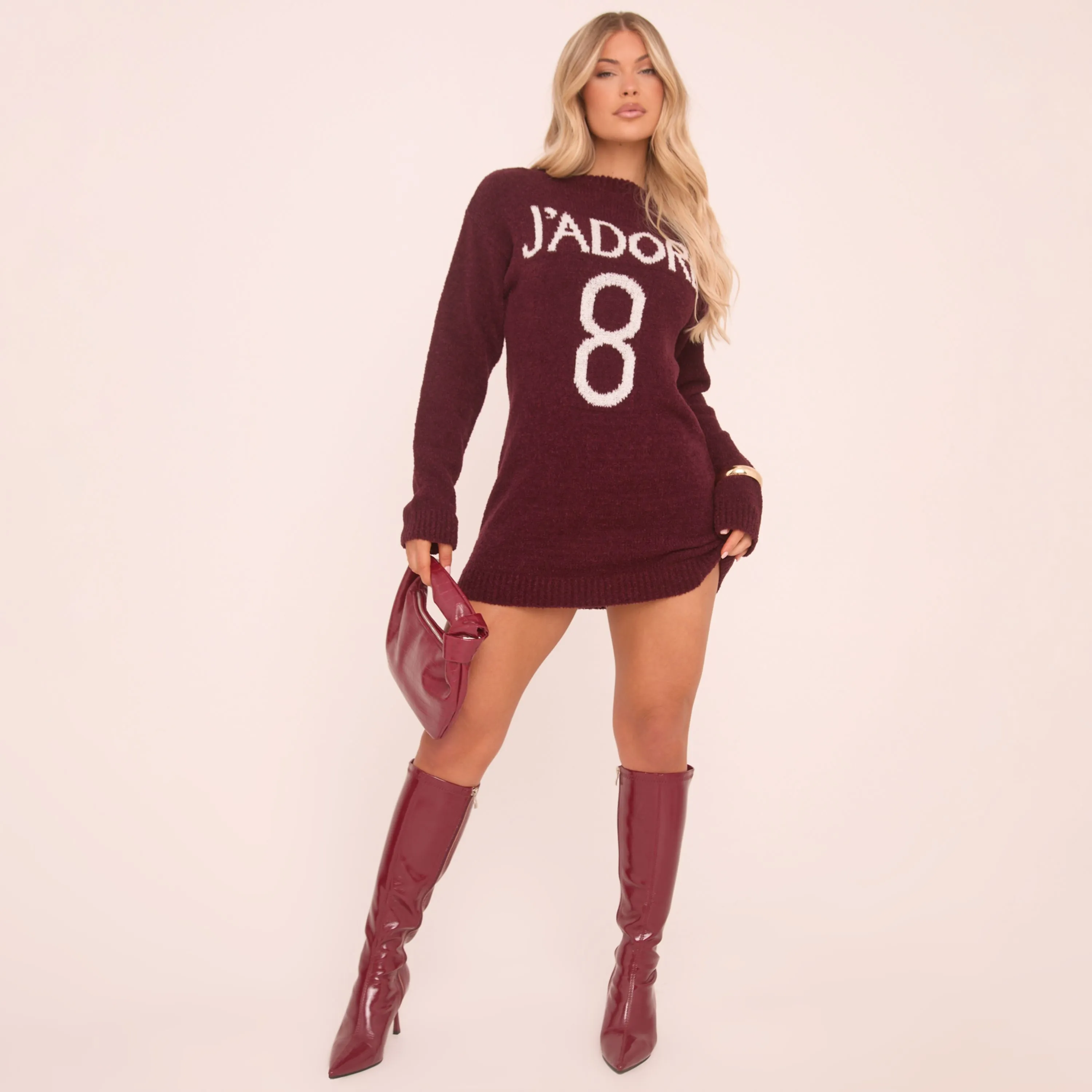 Long Sleeve J Adore 8 Graphic Jumper Dress Burgundy Boucle Knit