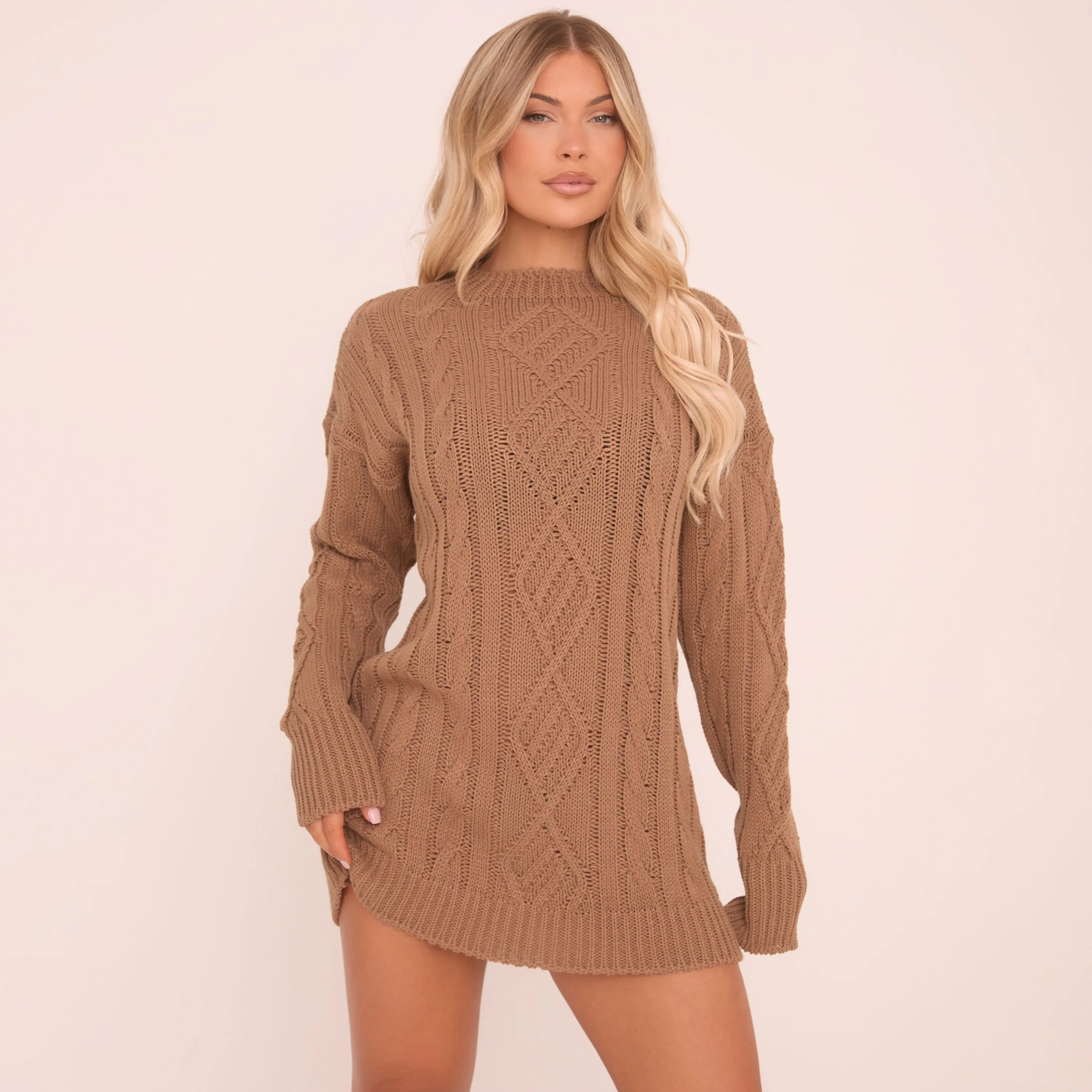 Long Sleeve Jumper Dress Camel Brown Cable Knit