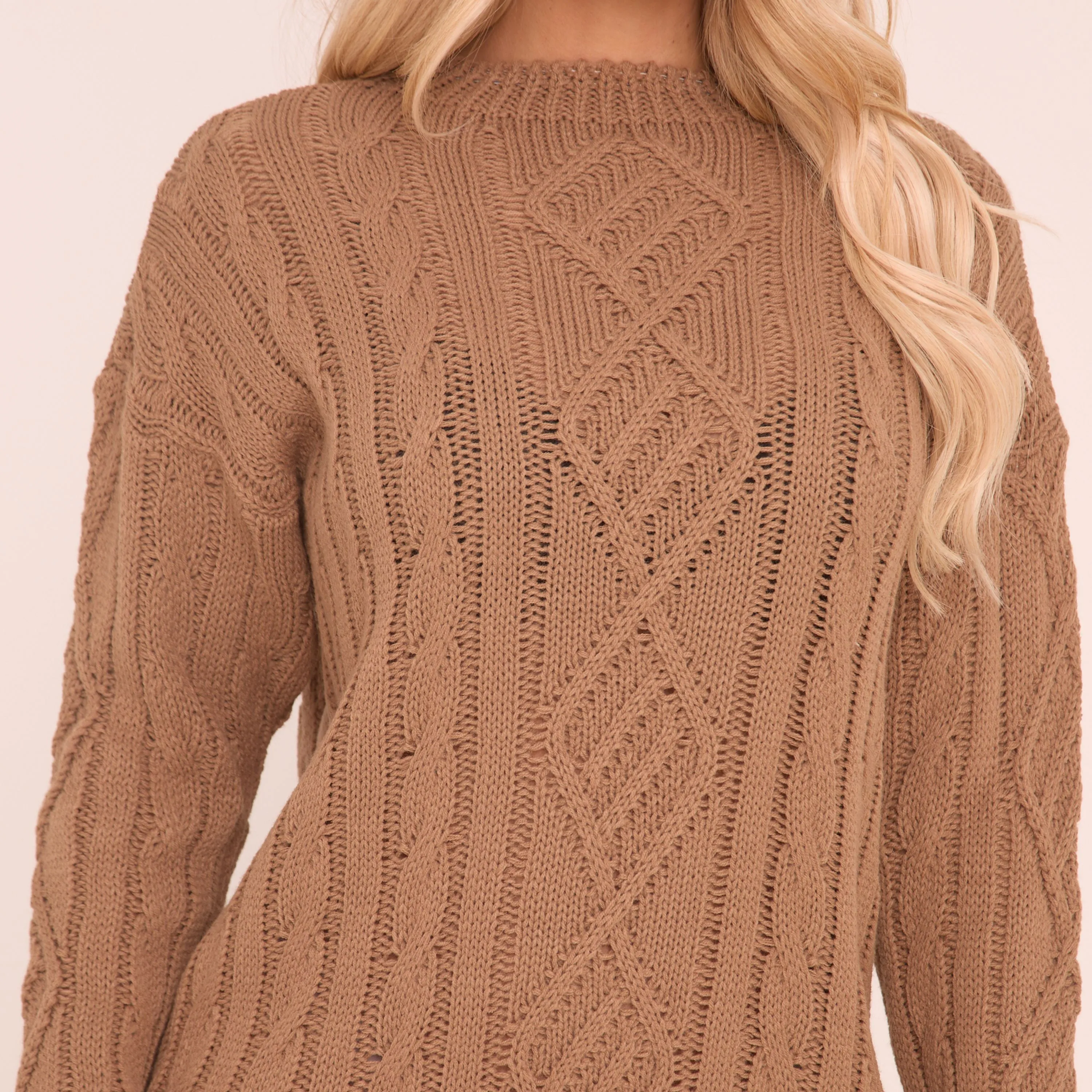 Long Sleeve Jumper Dress Camel Brown Cable Knit