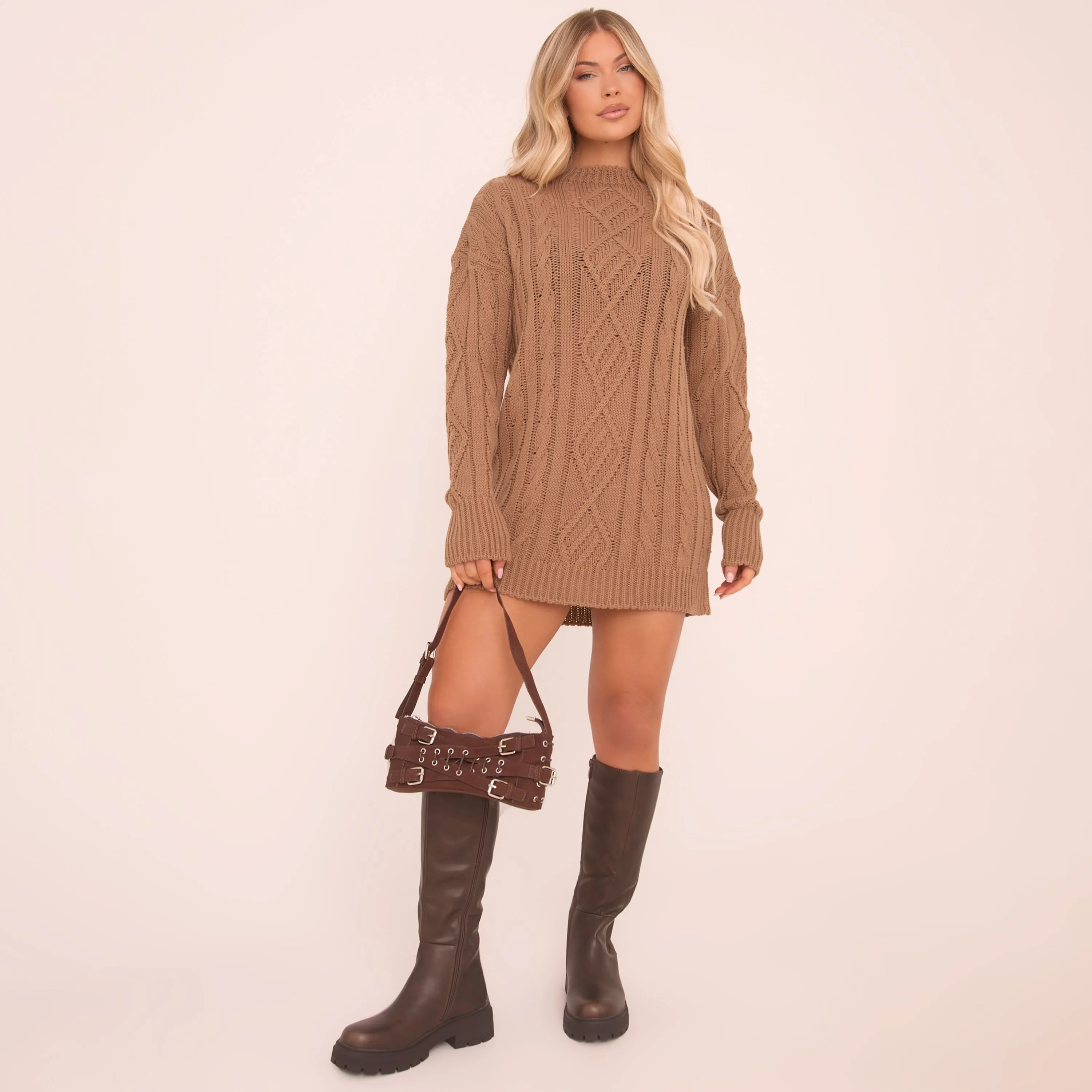 Long Sleeve Jumper Dress Camel Brown Cable Knit