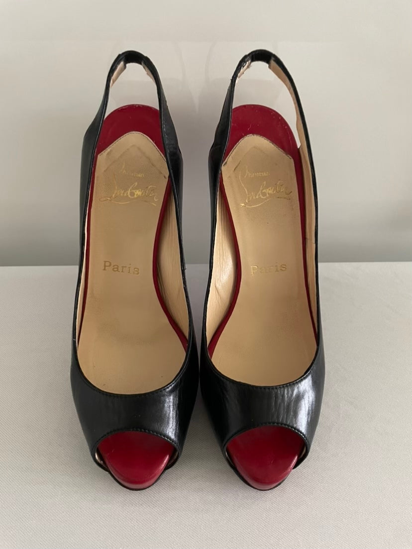 LOUBOUTIN Peep Toe Slingback Pumps in Black/Red Architex 120mm Calfskin