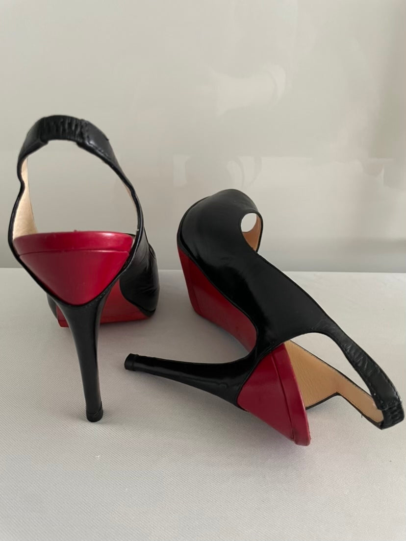 LOUBOUTIN Peep Toe Slingback Pumps in Black/Red Architex 120mm Calfskin