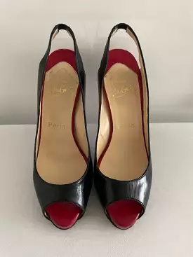 LOUBOUTIN Peep Toe Slingback Pumps in Black/Red Architex 120mm Calfskin