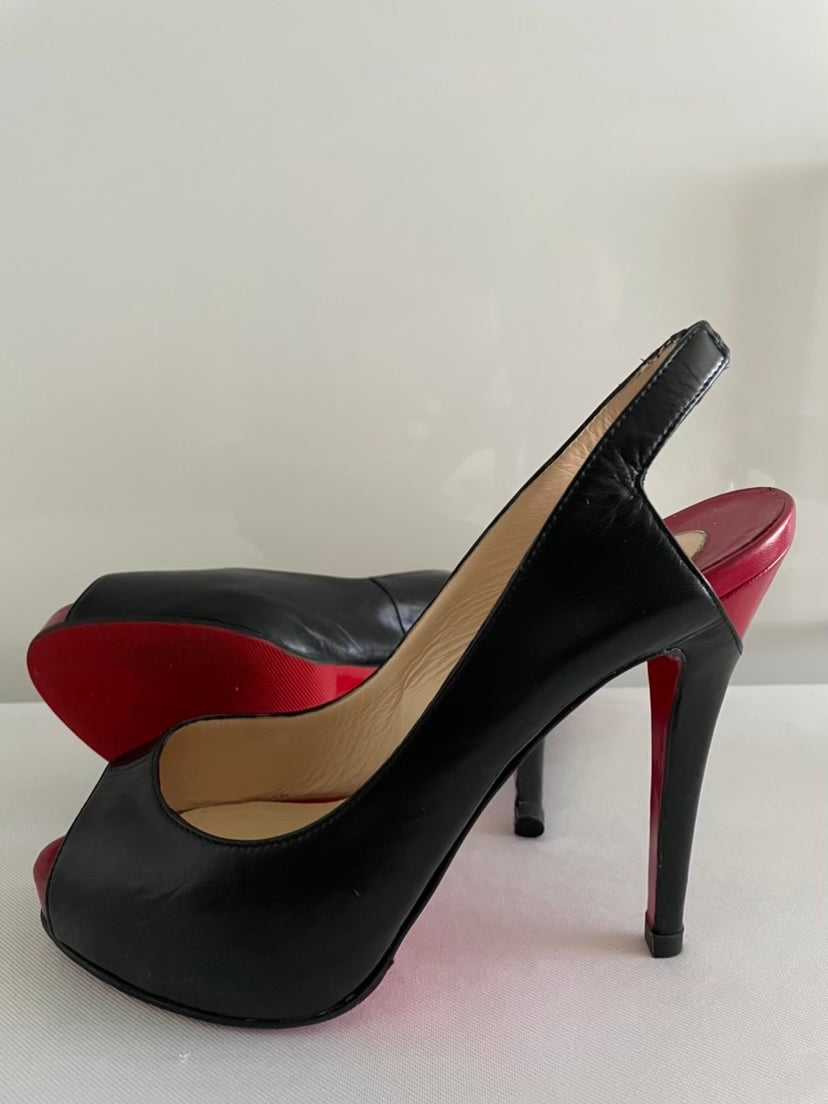 LOUBOUTIN Peep Toe Slingback Pumps in Black/Red Architex 120mm Calfskin