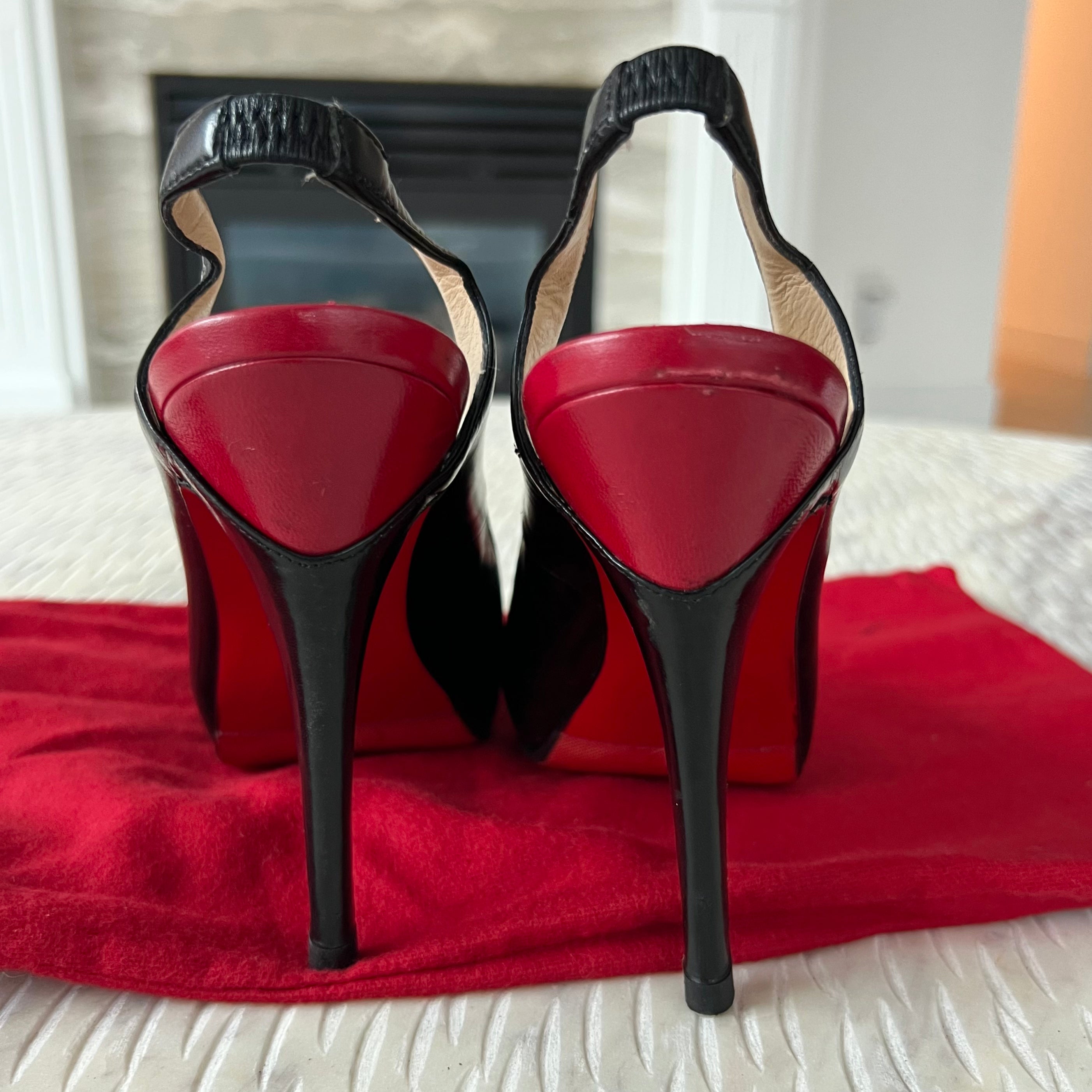 LOUBOUTIN Peep Toe Slingback Pumps in Black/Red Architex 120mm Calfskin