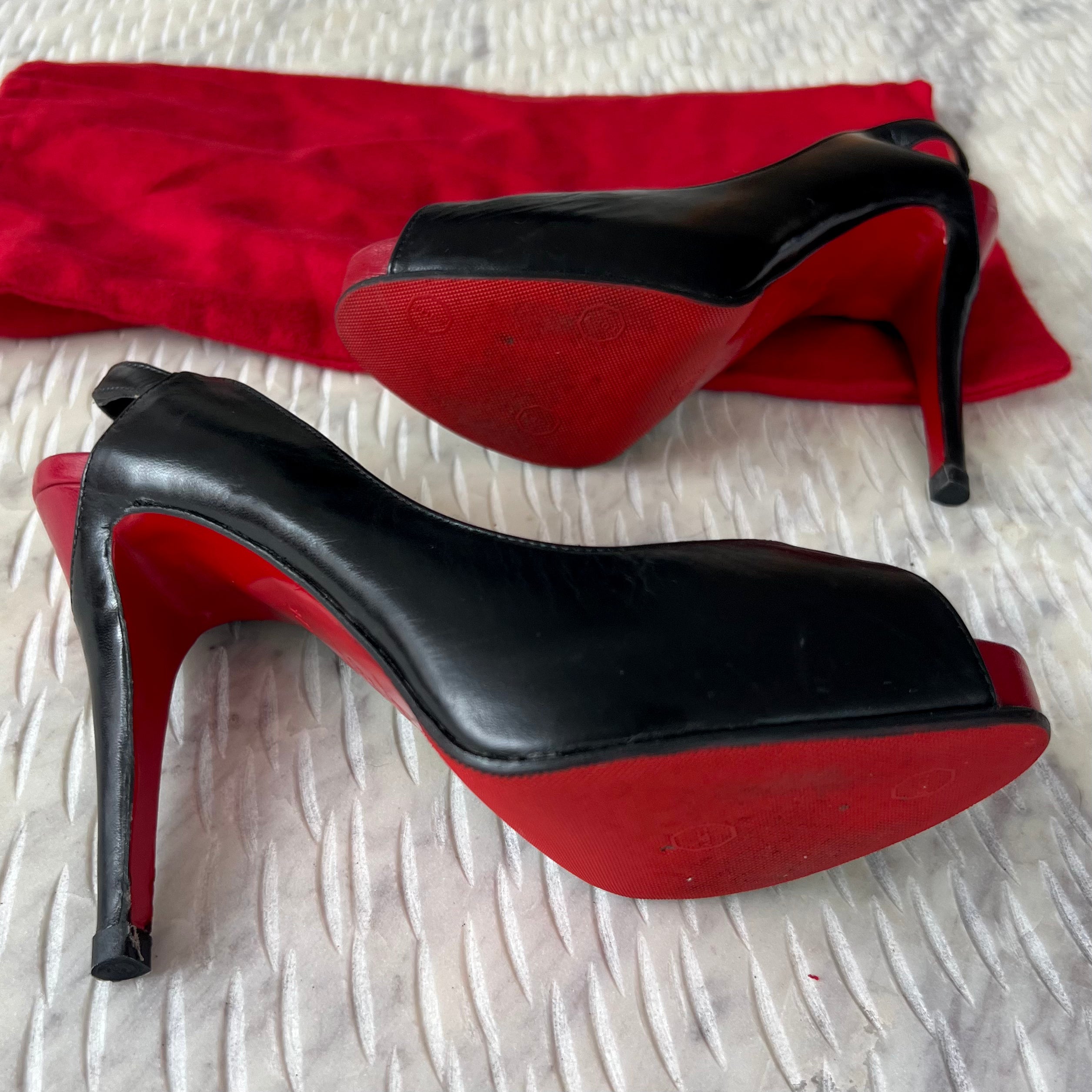 LOUBOUTIN Peep Toe Slingback Pumps in Black/Red Architex 120mm Calfskin