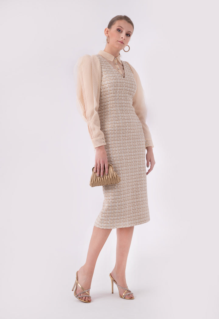 Lurex Tweed Lace Dress with Organza Trim