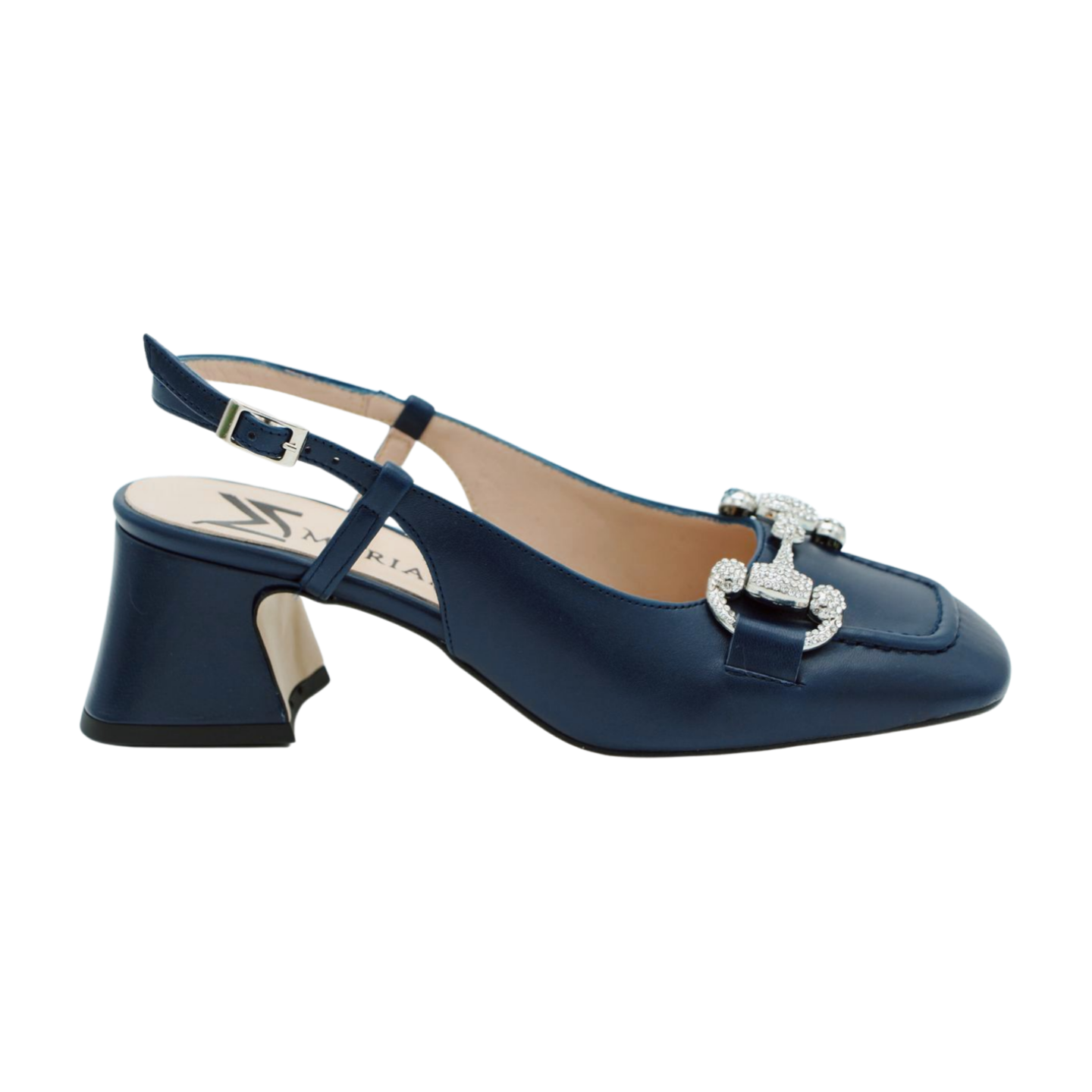 MARIAN Navy Leather Slingback Shoe - Diamante Buckle - Buy Now