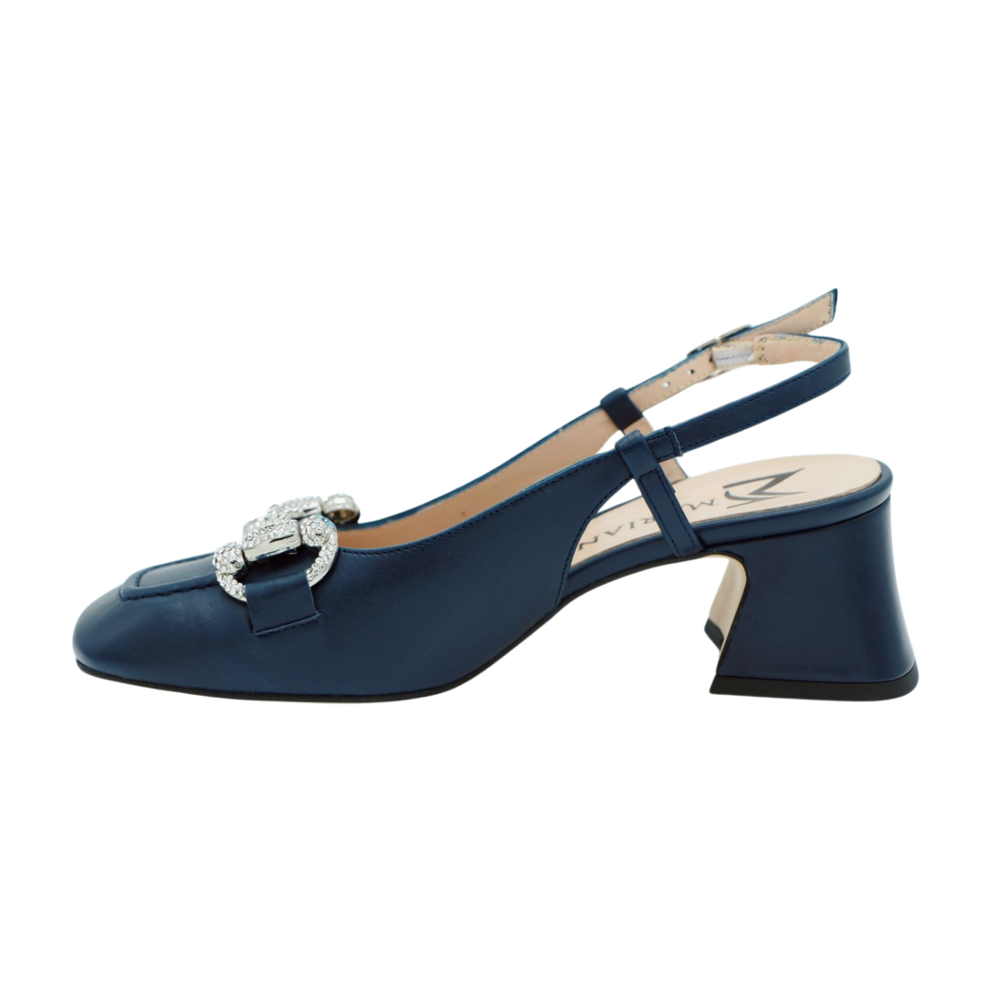 MARIAN Navy Leather Slingback Shoe - Diamante Buckle - Buy Now