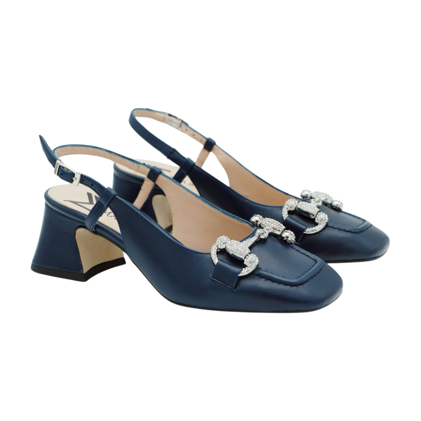 MARIAN Navy Leather Slingback Shoe - Diamante Buckle - Buy Now