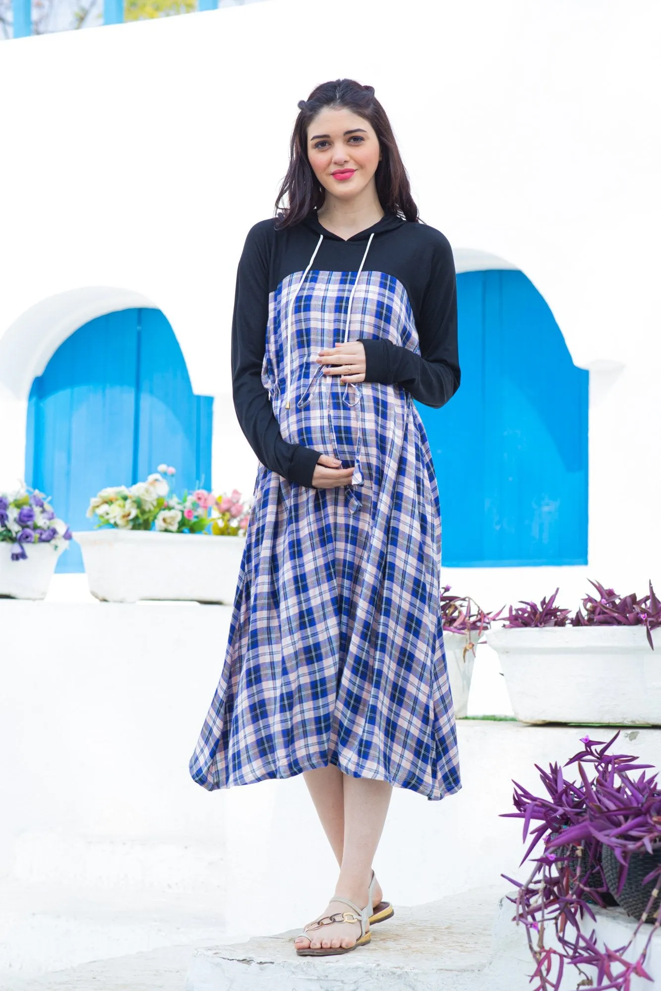 Maternity Azure Plaid Hoodie Dress