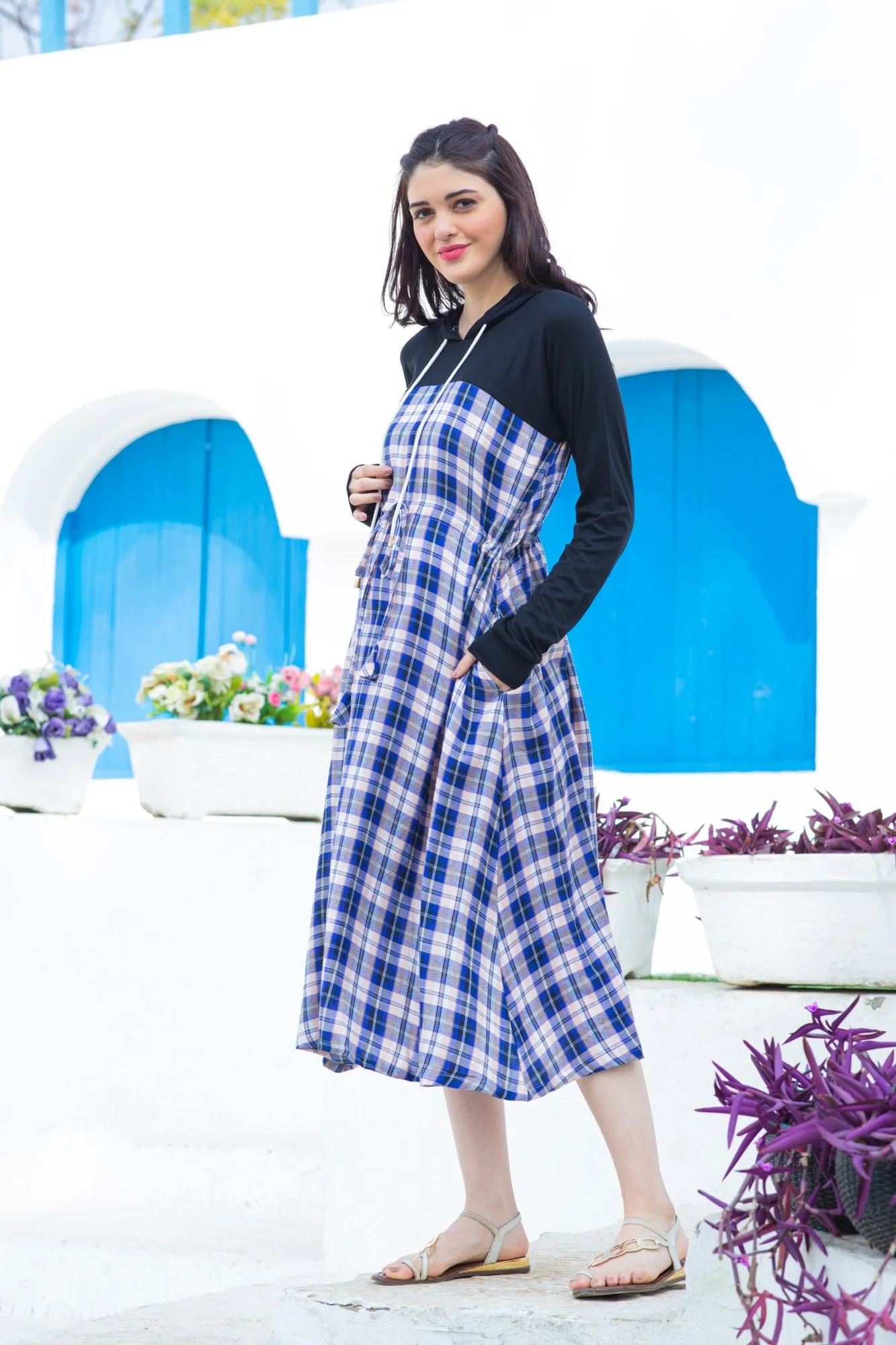 Maternity Azure Plaid Hoodie Dress