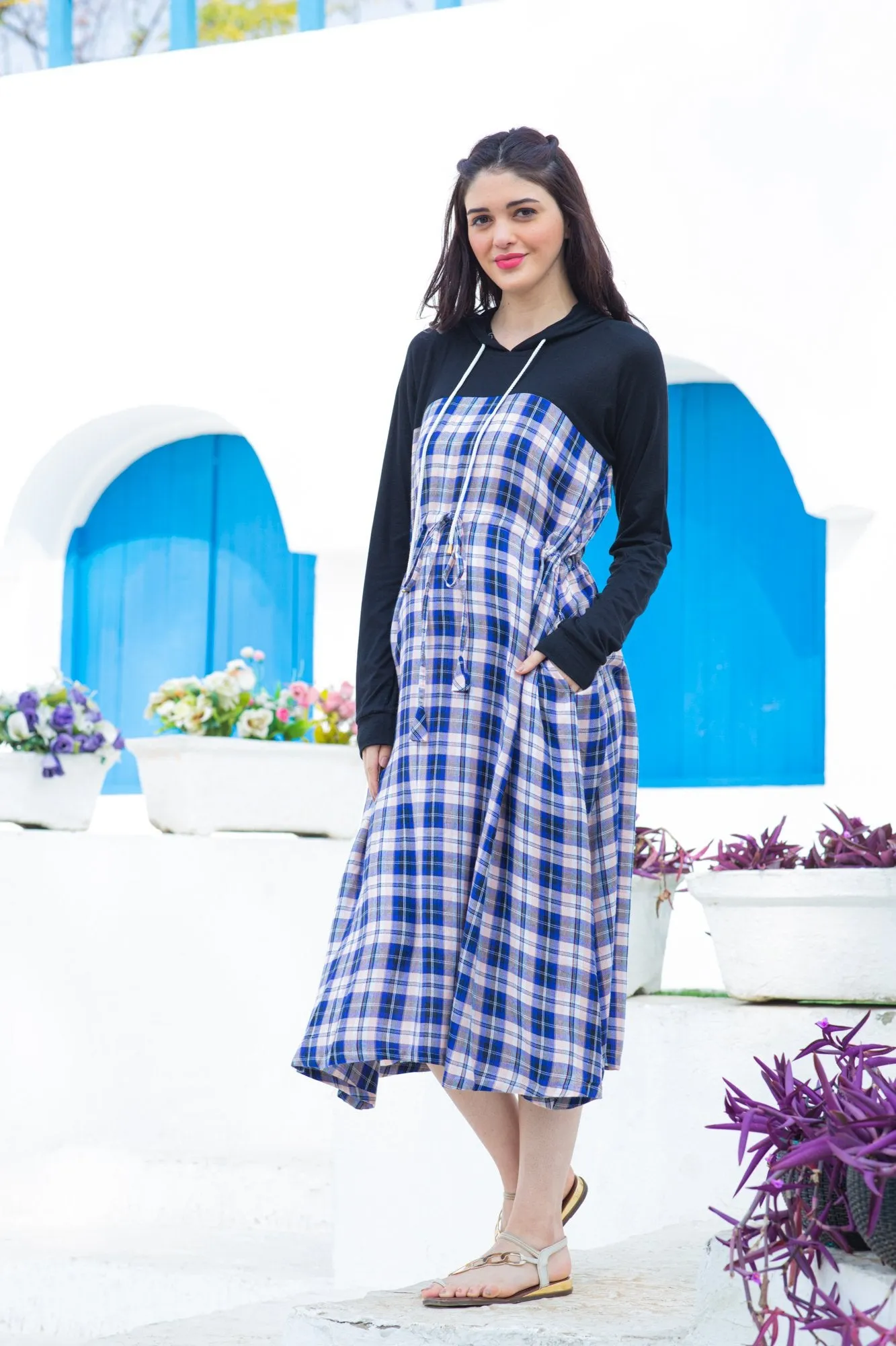 Maternity Azure Plaid Hoodie Dress