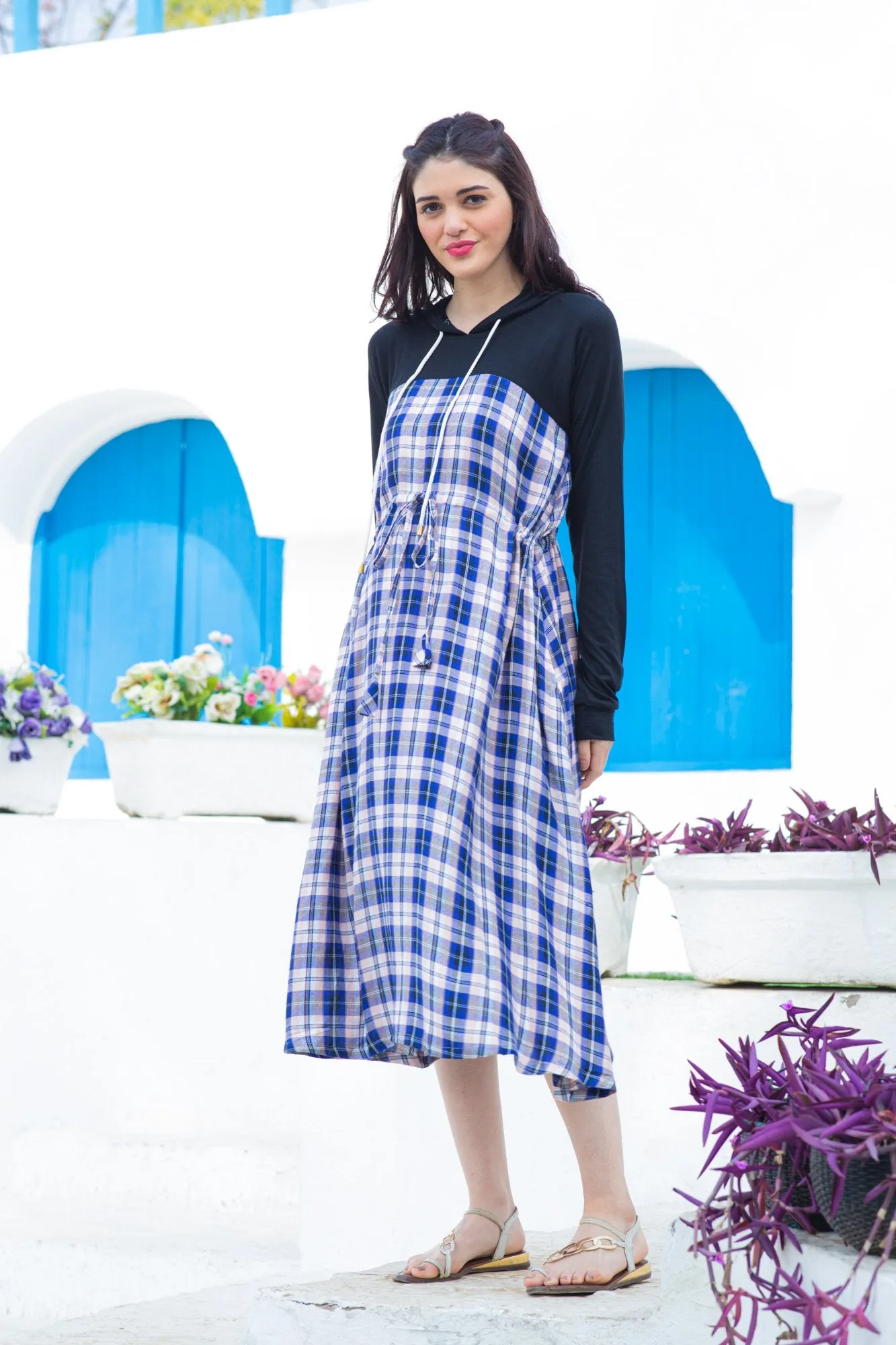 Maternity Azure Plaid Hoodie Dress