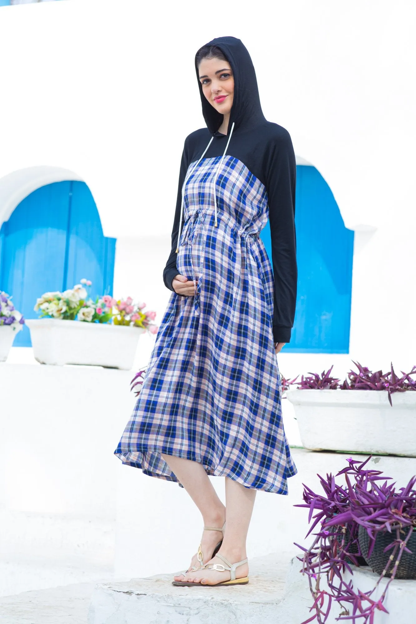 Maternity Azure Plaid Hoodie Dress