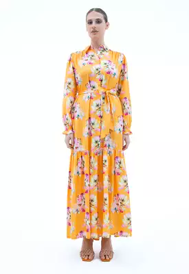 Maxi Dress With Self Fabric Belt - Printed Design