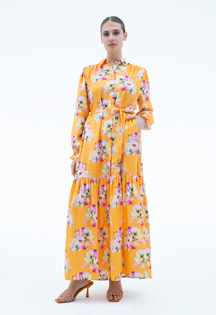 Maxi Dress With Self Fabric Belt - Printed Design