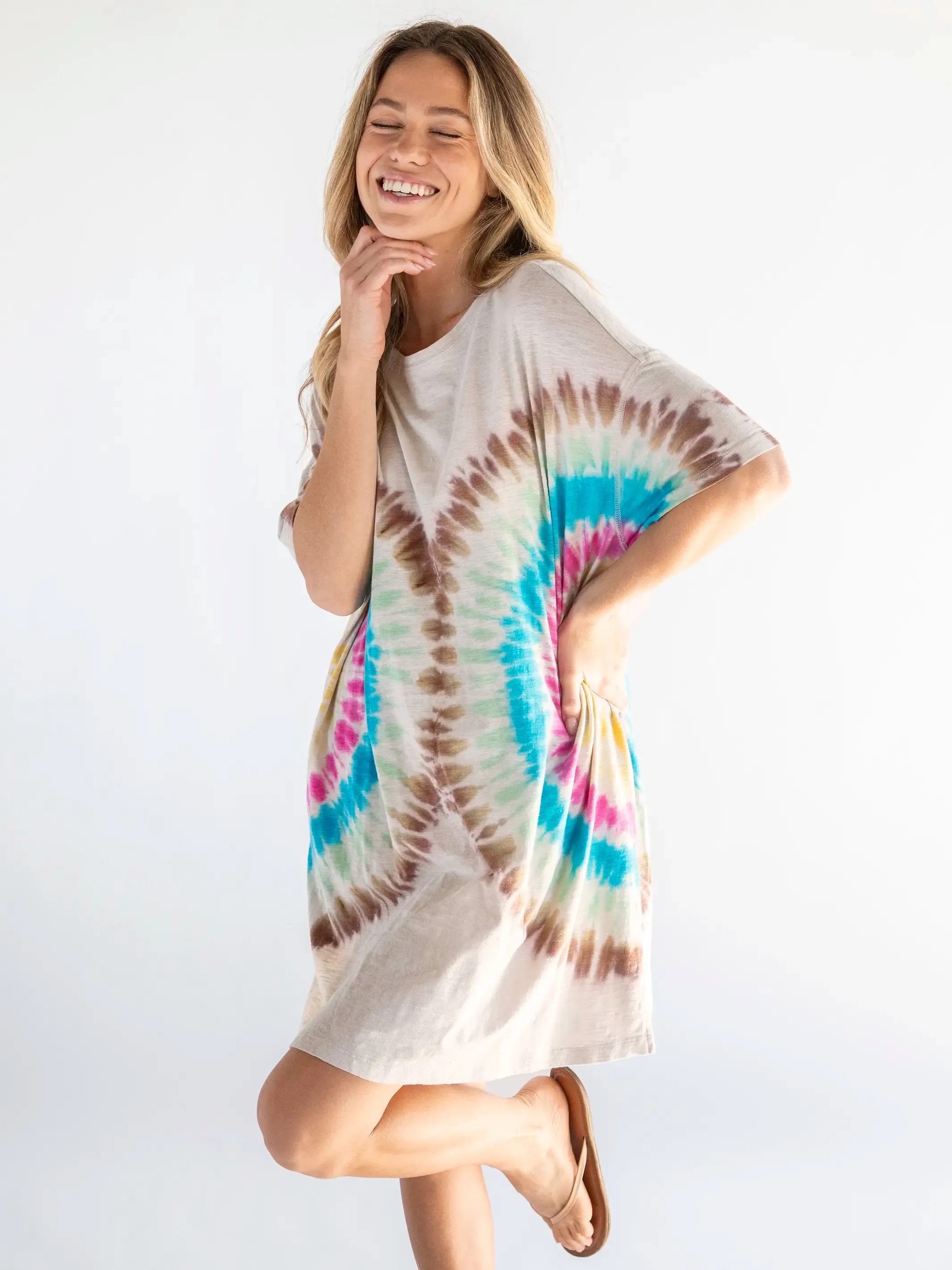 Misty rainbow tie-dye oversized cotton tee mini dress