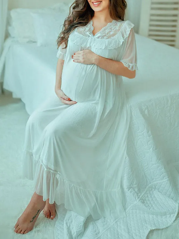 White Lace Maternity Maxi Dress with Bowknot Detail