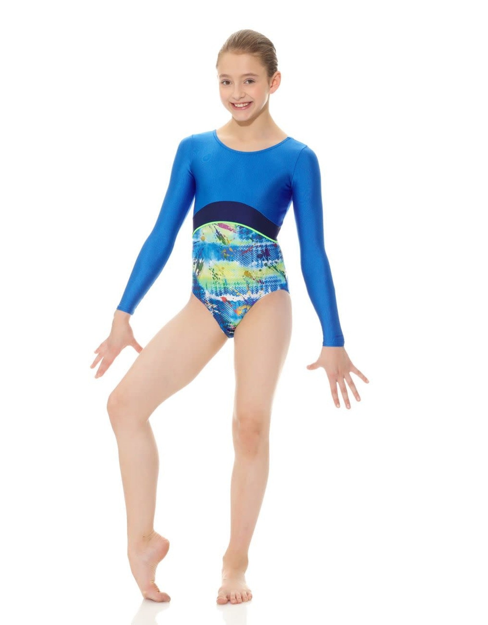 Mondor 17839 Kids Techno Blue Long Sleeve Gymnastics Leotard - Size 6X-7