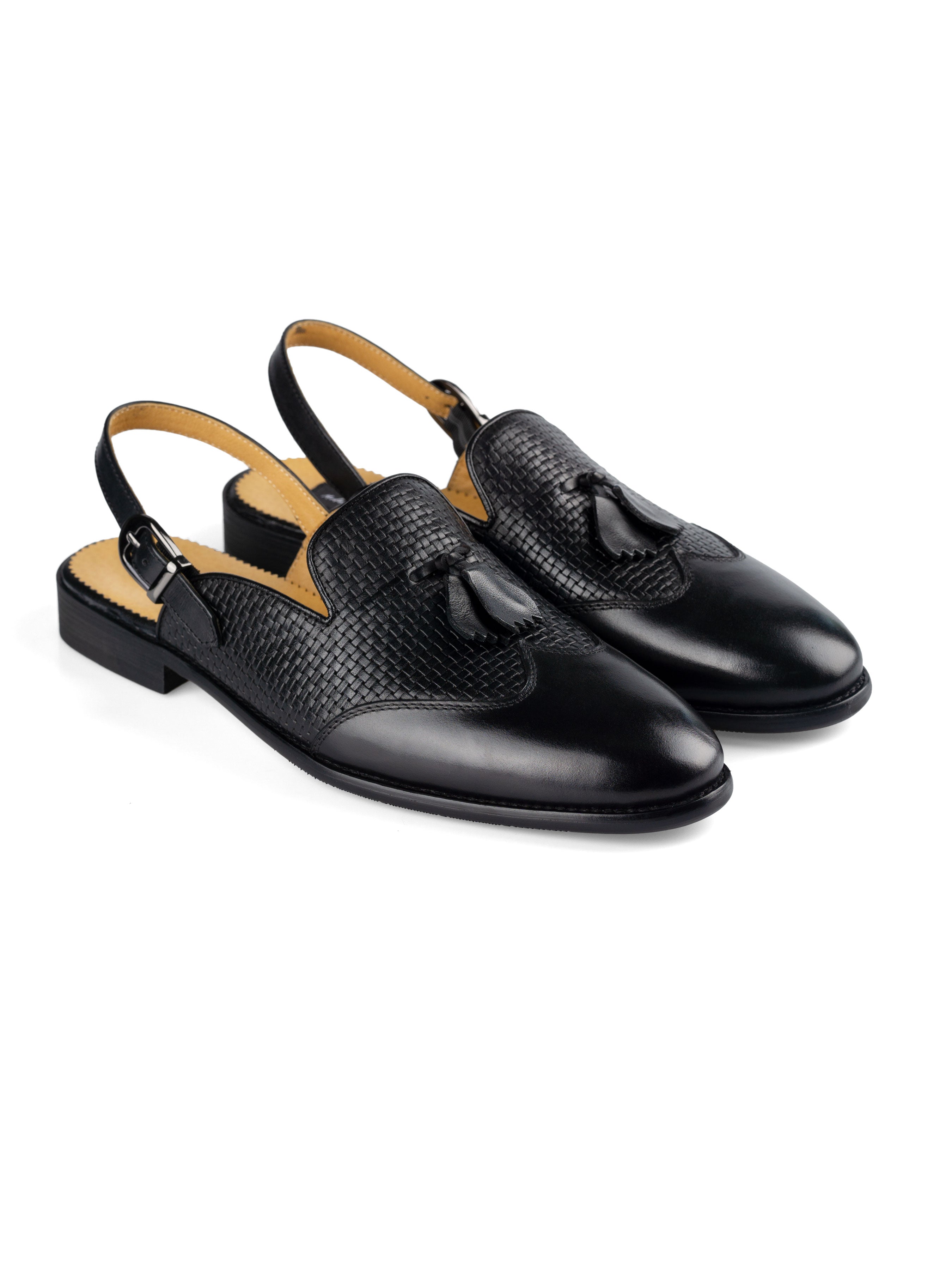 Mules Wingtip Slingback Strap - Black Woven Leather With Tassel