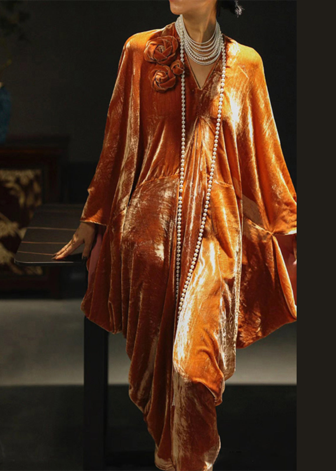 New Orange V Neck Silk Velvet Dress