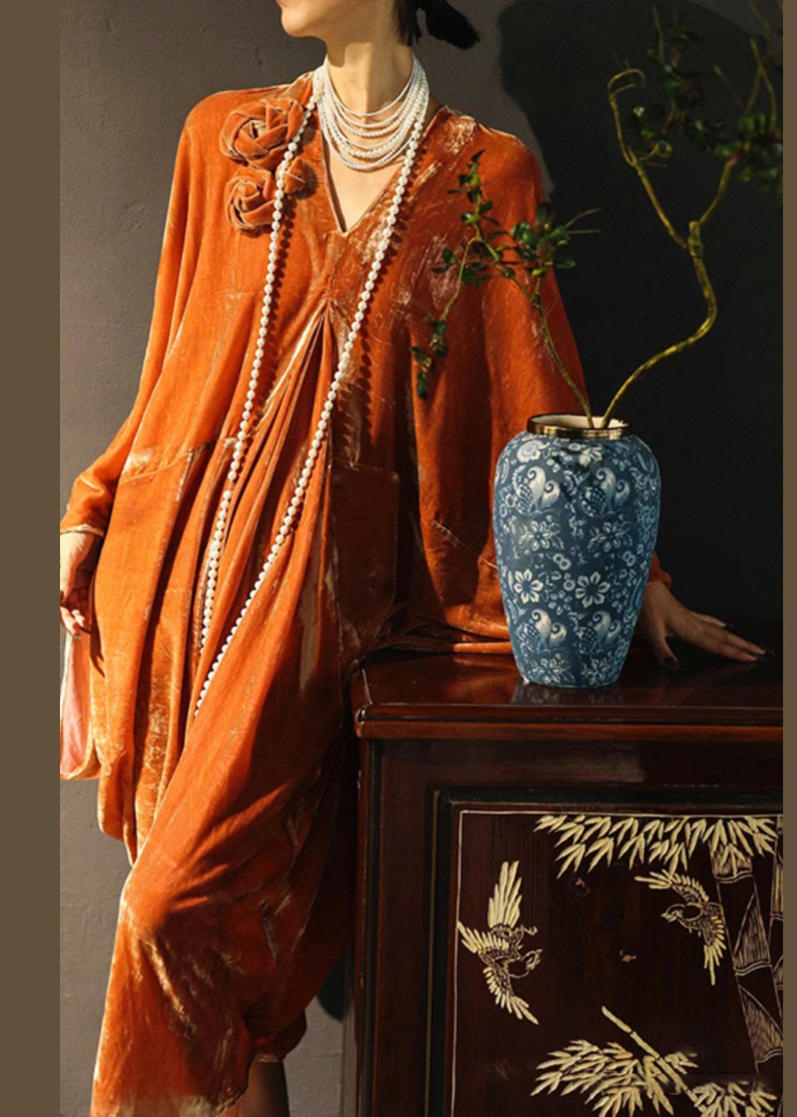 New Orange V Neck Silk Velvet Dress