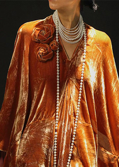 New Orange V Neck Silk Velvet Dress