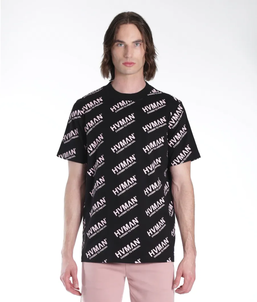 Black Dusty Pink Novelty Repeat T-Shirt D10