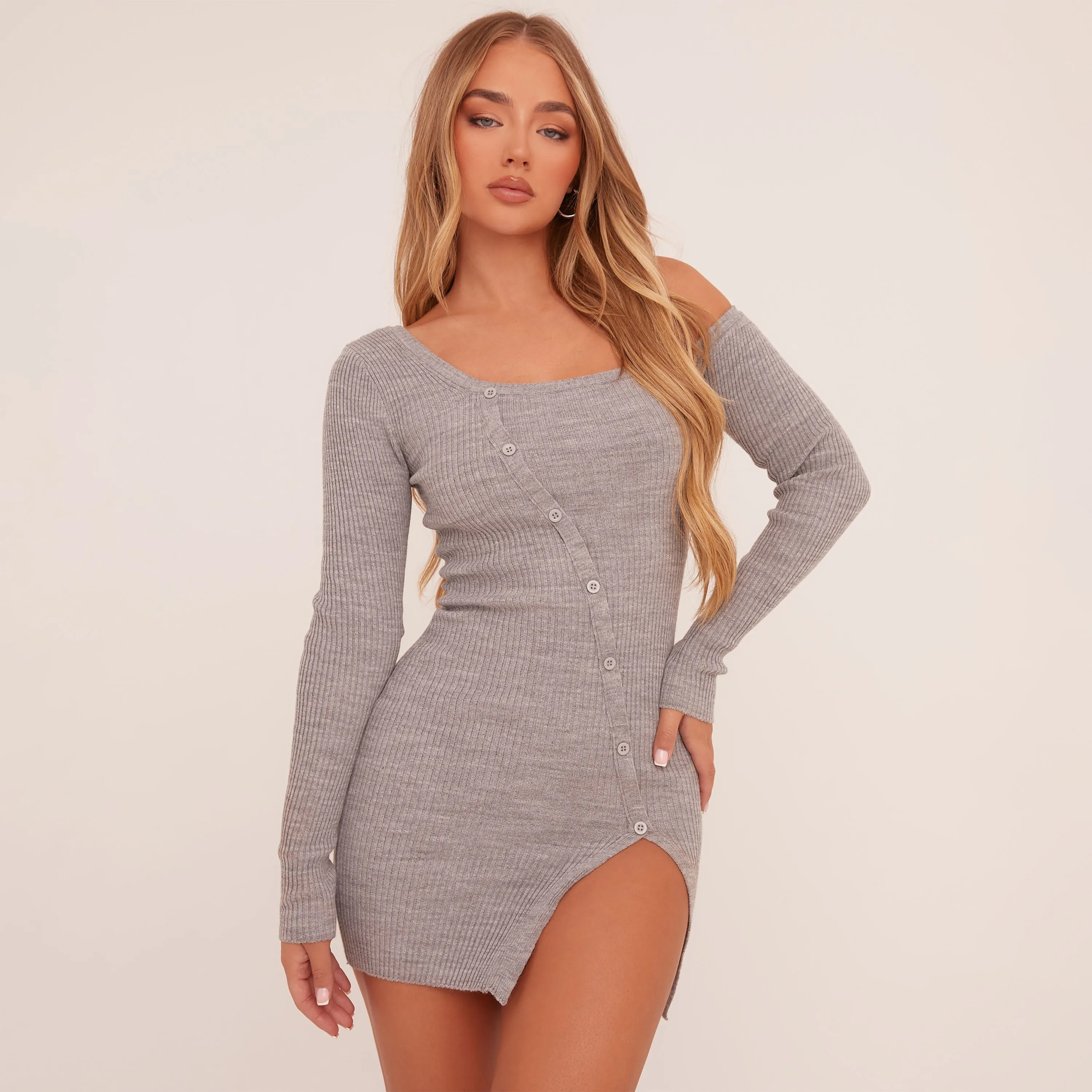 Grey Knit Off The Shoulder Split Leg Dress