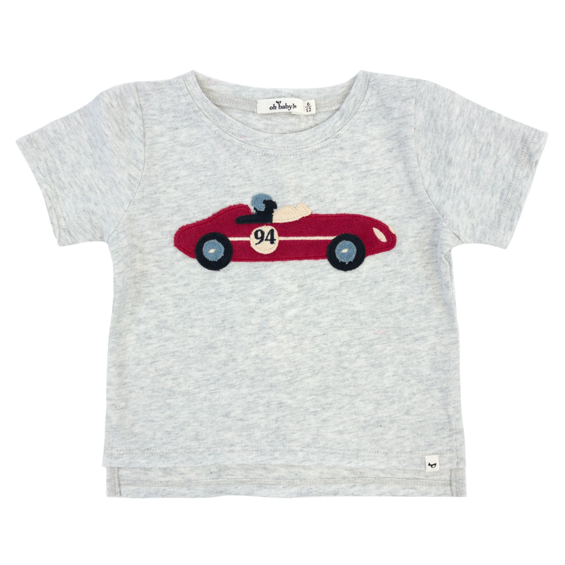 Oh Baby! Raw Edge Short Sleeve Cotton Slub Tee - Racecar Applique - Heather Gray