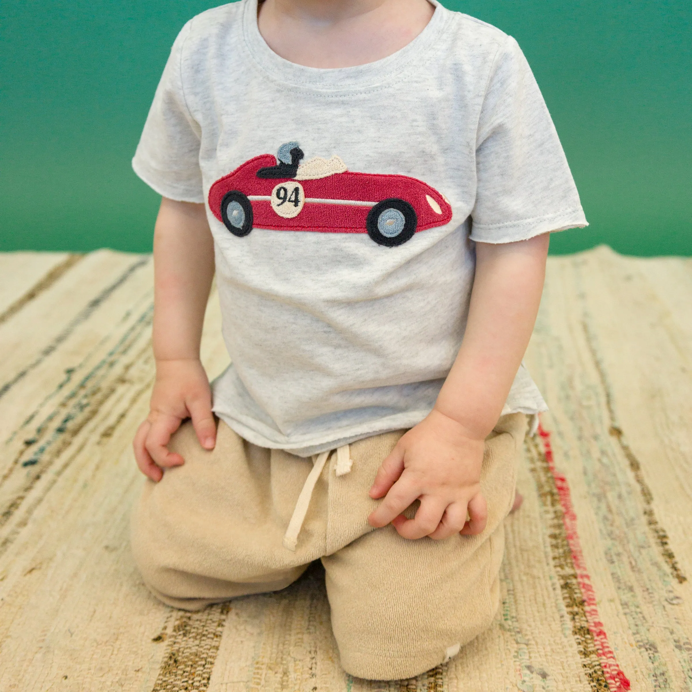 Oh Baby! Raw Edge Short Sleeve Cotton Slub Tee - Racecar Applique - Heather Gray