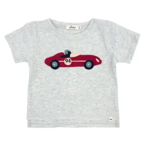 Oh Baby! Raw Edge Short Sleeve Cotton Slub Tee - Racecar Applique - Heather Gray