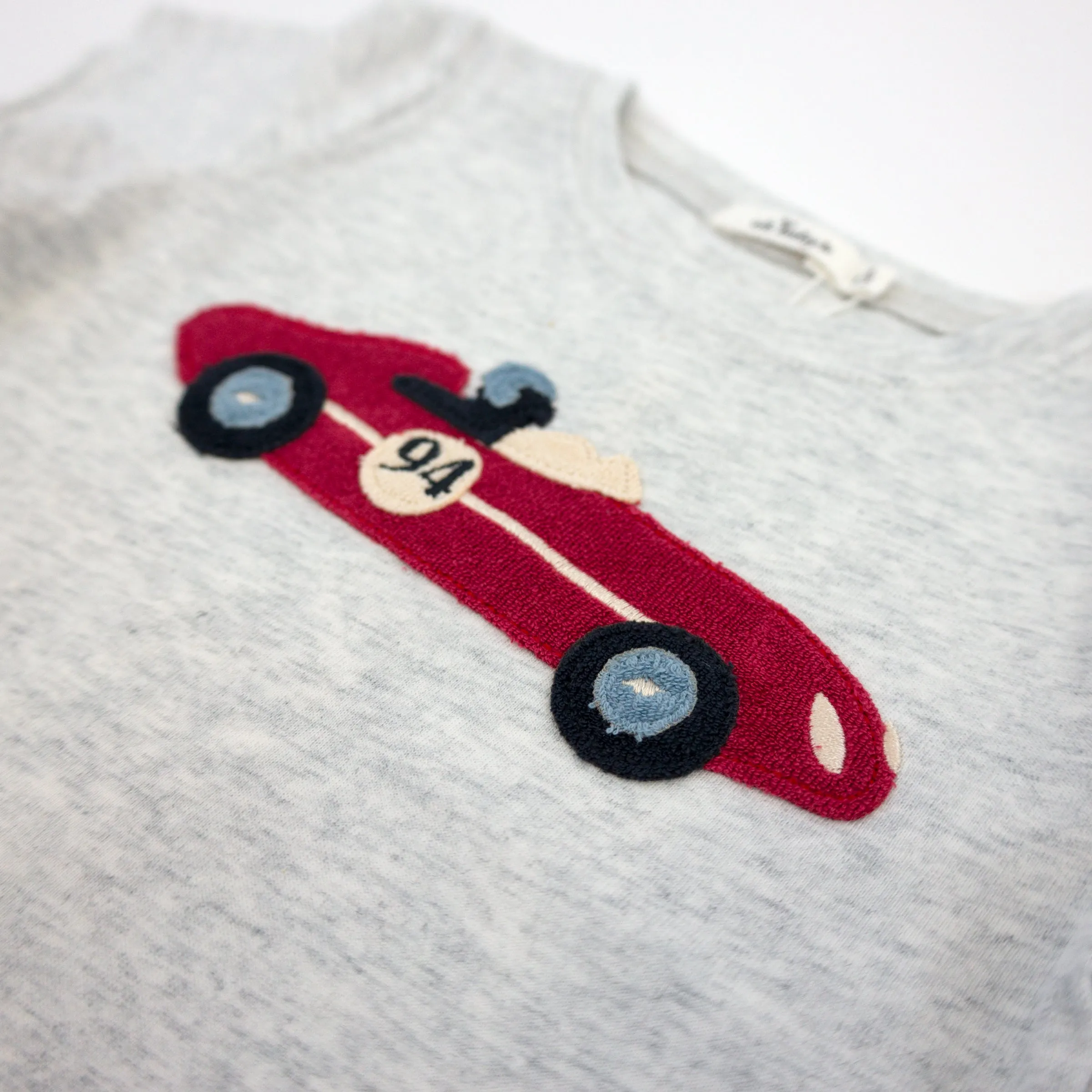 Oh Baby! Raw Edge Short Sleeve Cotton Slub Tee - Racecar Applique - Heather Gray