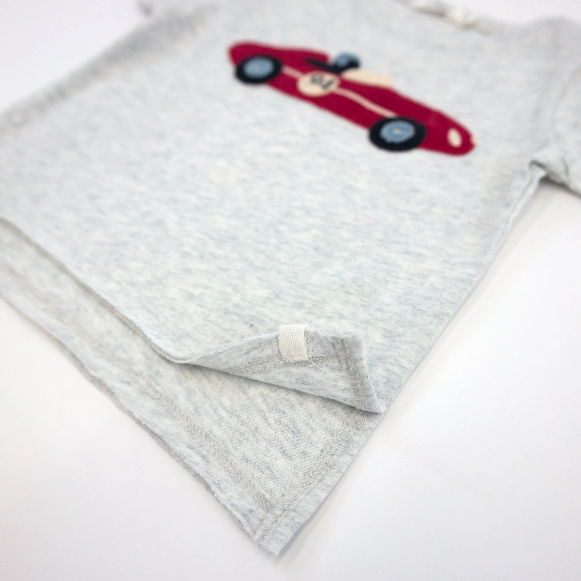 Oh Baby! Raw Edge Short Sleeve Cotton Slub Tee - Racecar Applique - Heather Gray