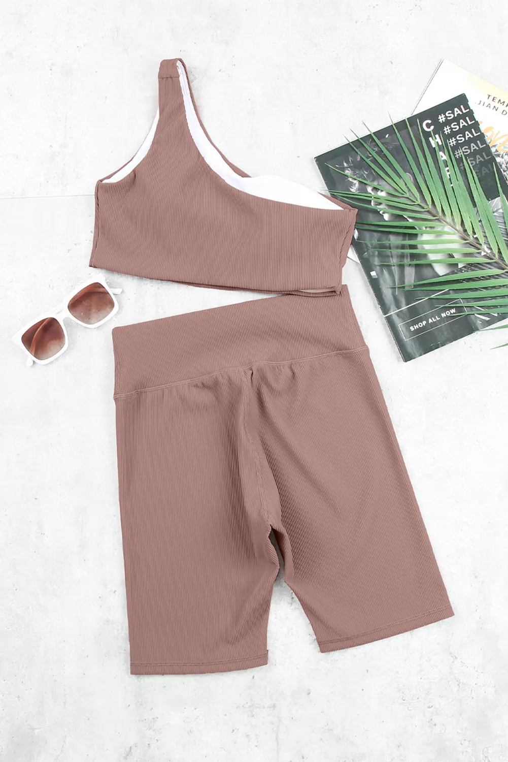 Sports Bra and Biker Shorts Set with One Shoulder