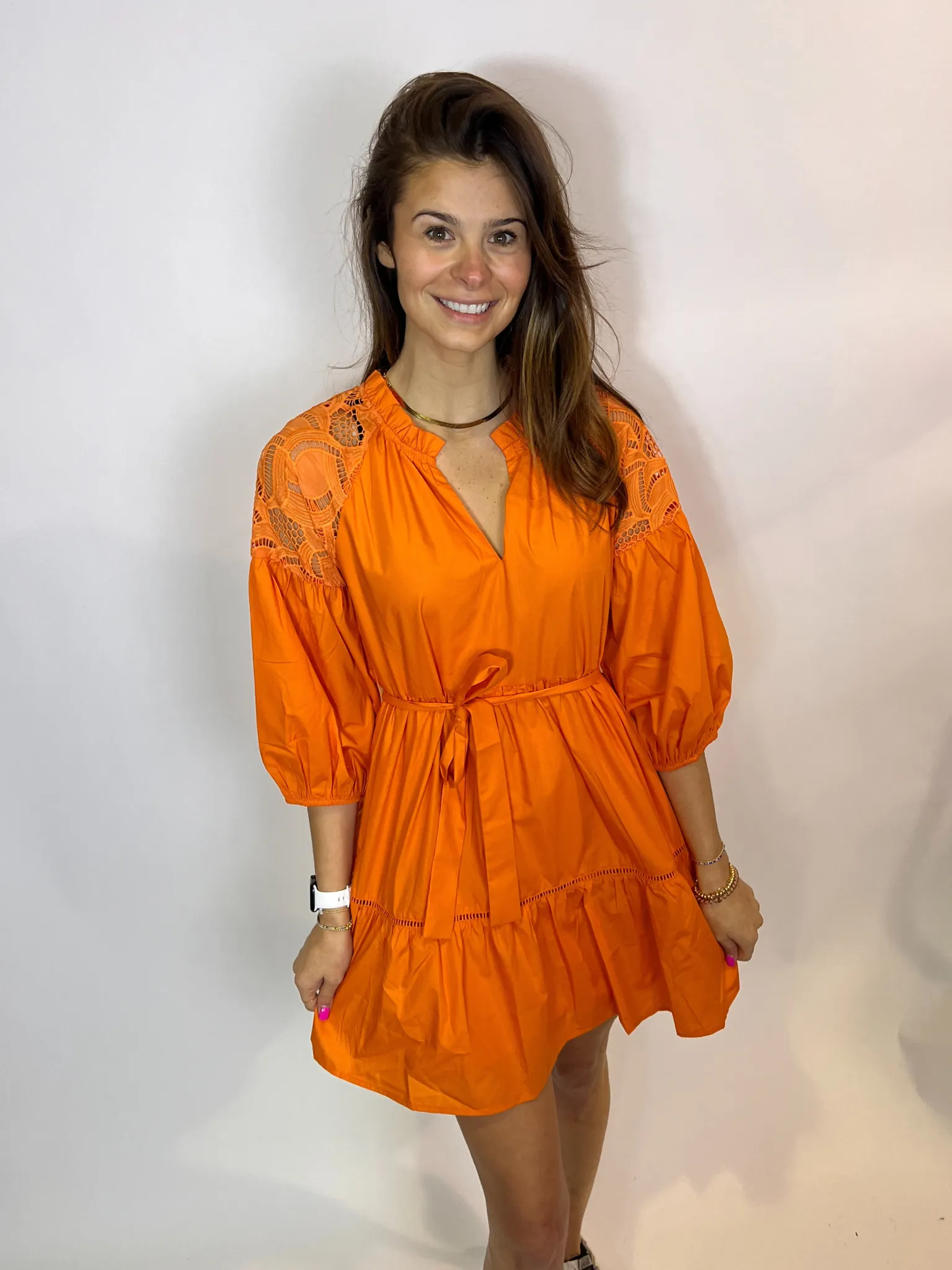 Orange Lace Dress with Block Pattern