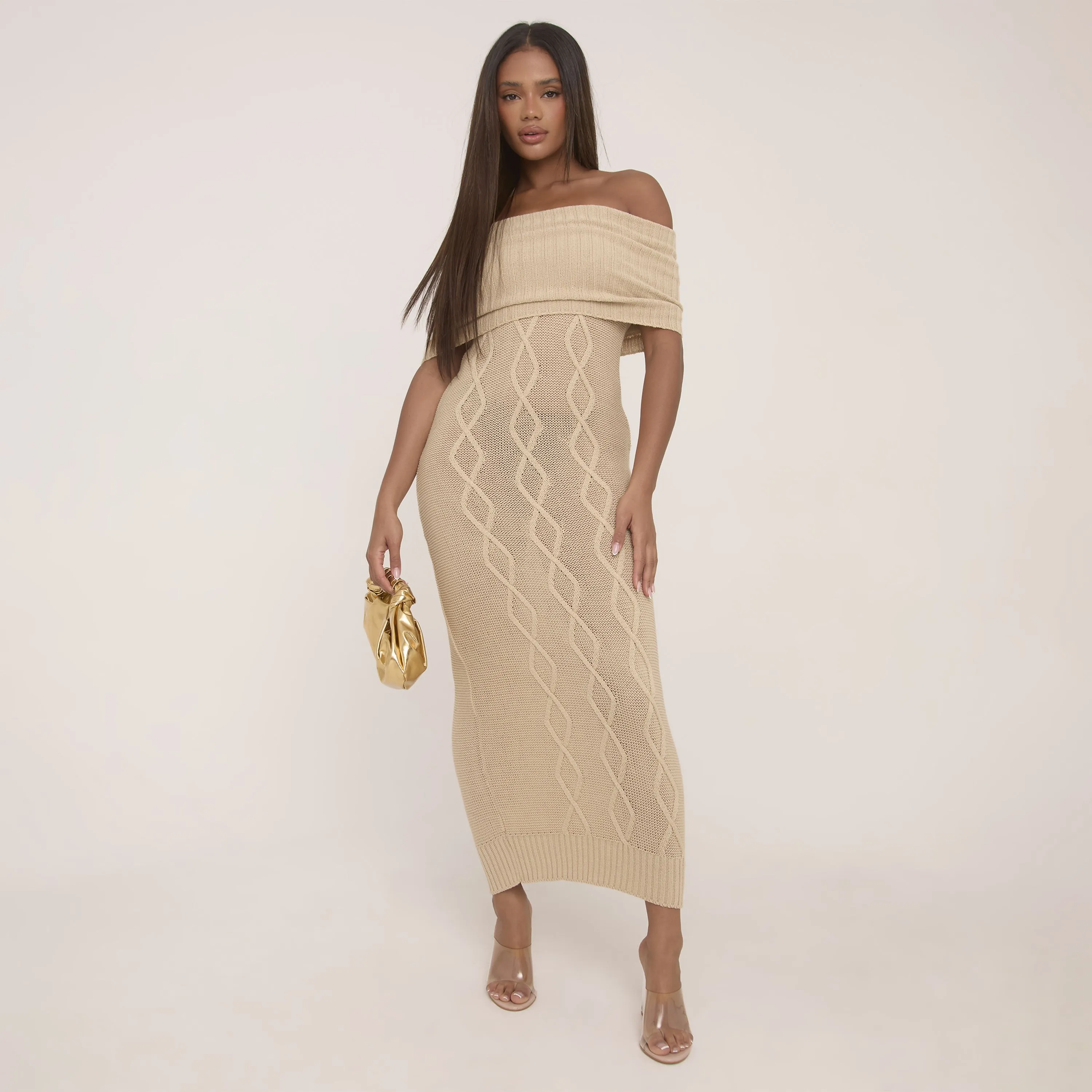 Oversized Bardot Maxi Dress Stone Aran Knit