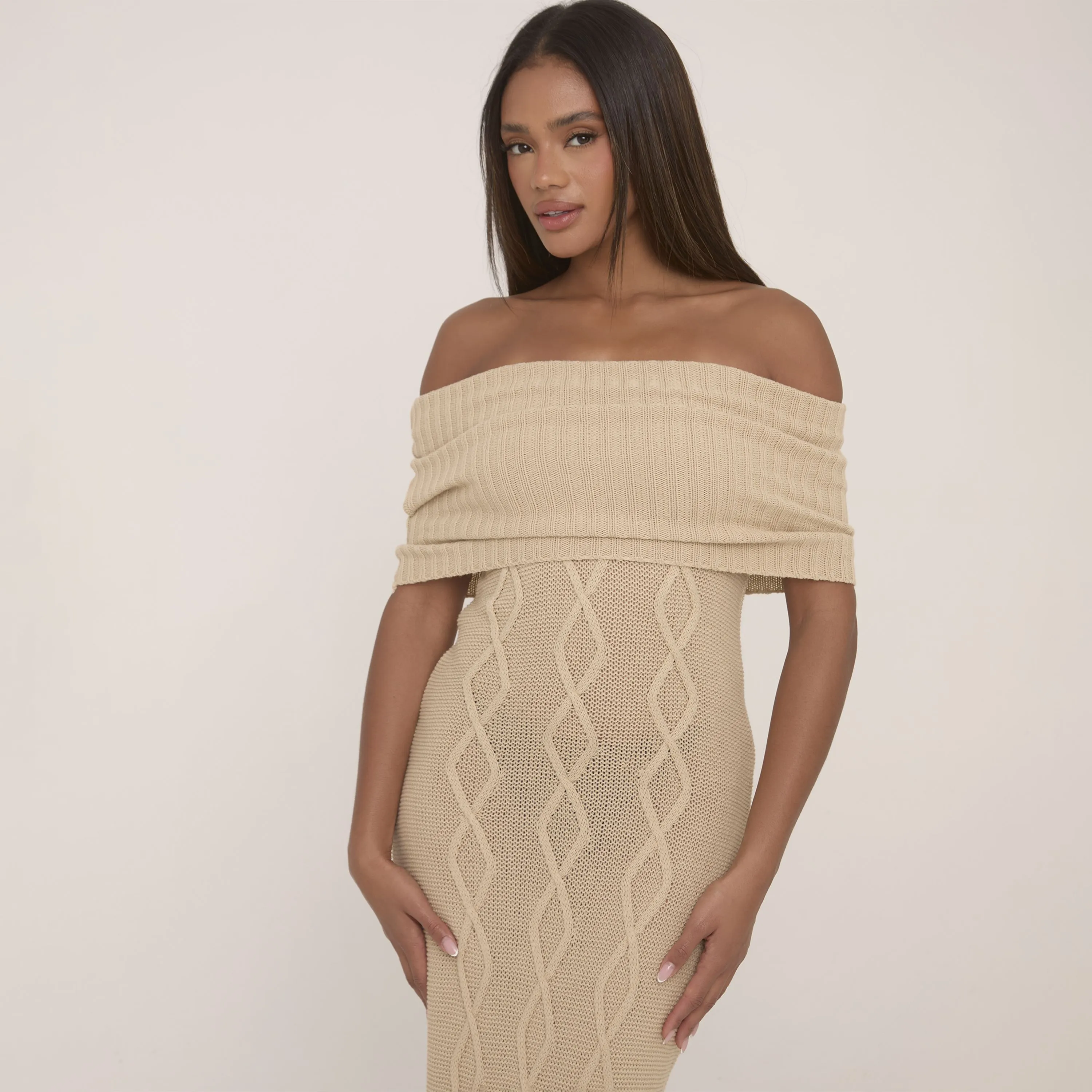 Oversized Bardot Maxi Dress Stone Aran Knit