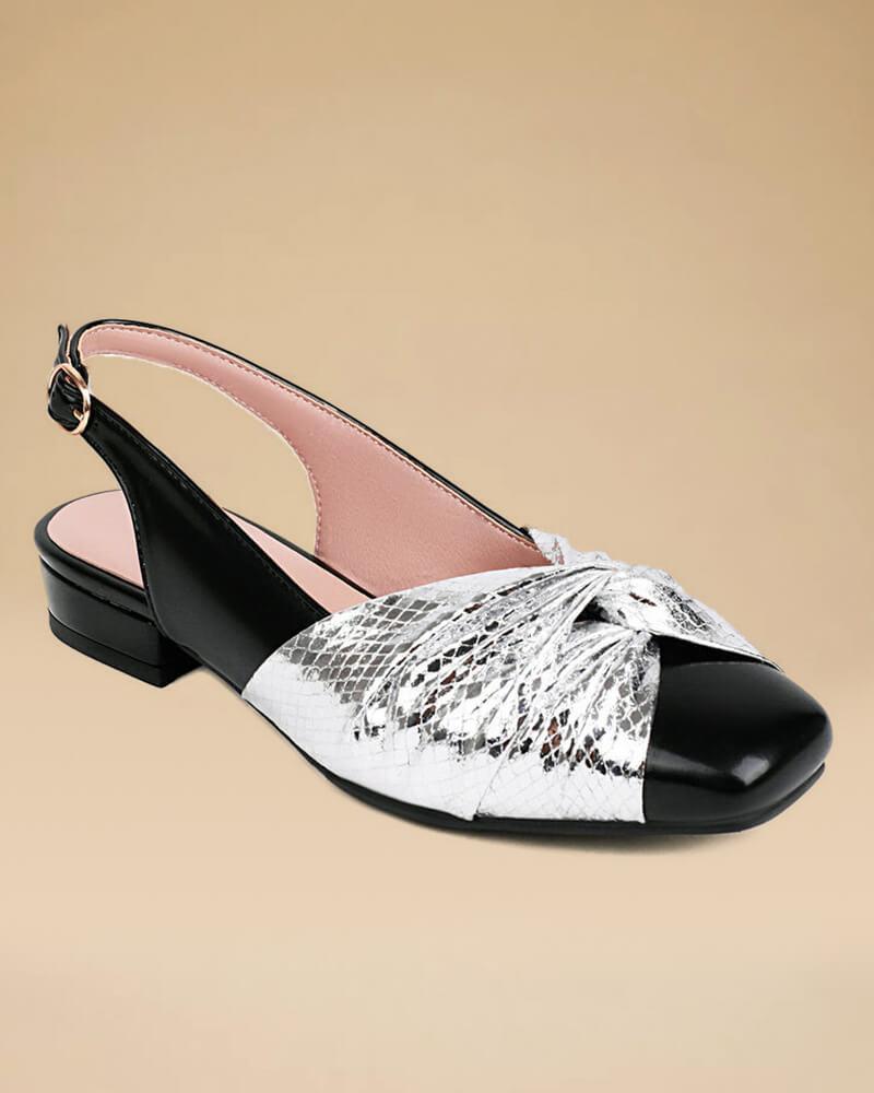 Patent Leather Square Toe Block Heel Flats with Bow Back Indigo