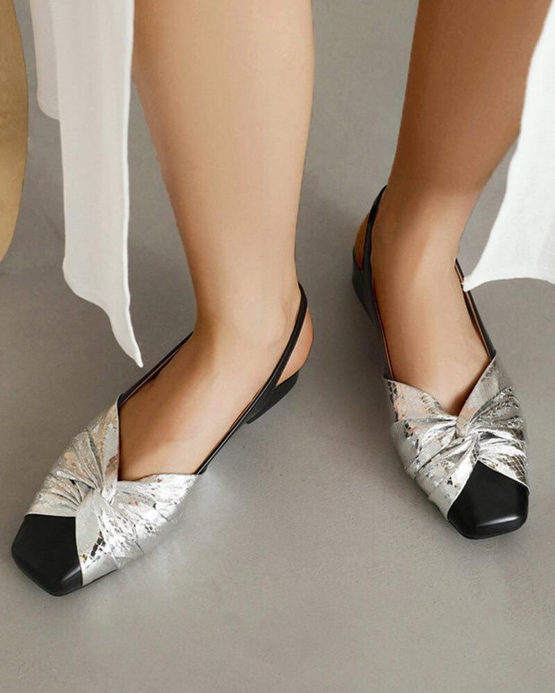 Patent Leather Square Toe Block Heel Flats with Bow Back Indigo