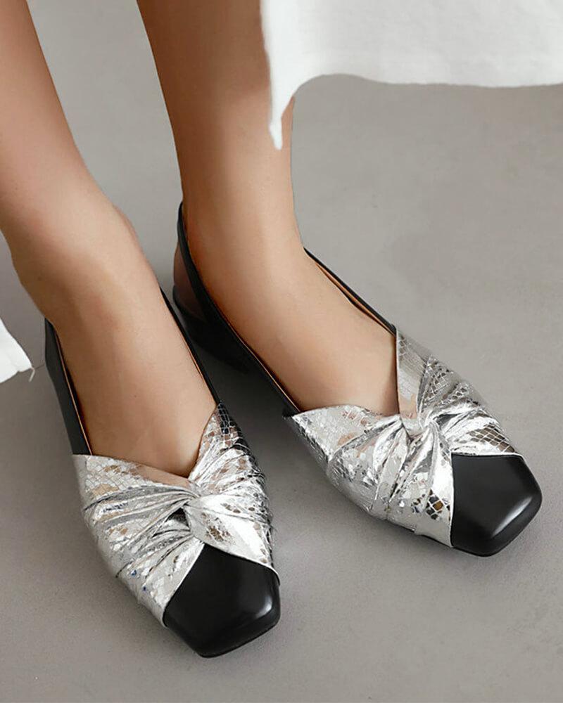 Patent Leather Square Toe Block Heel Flats with Bow Back Indigo