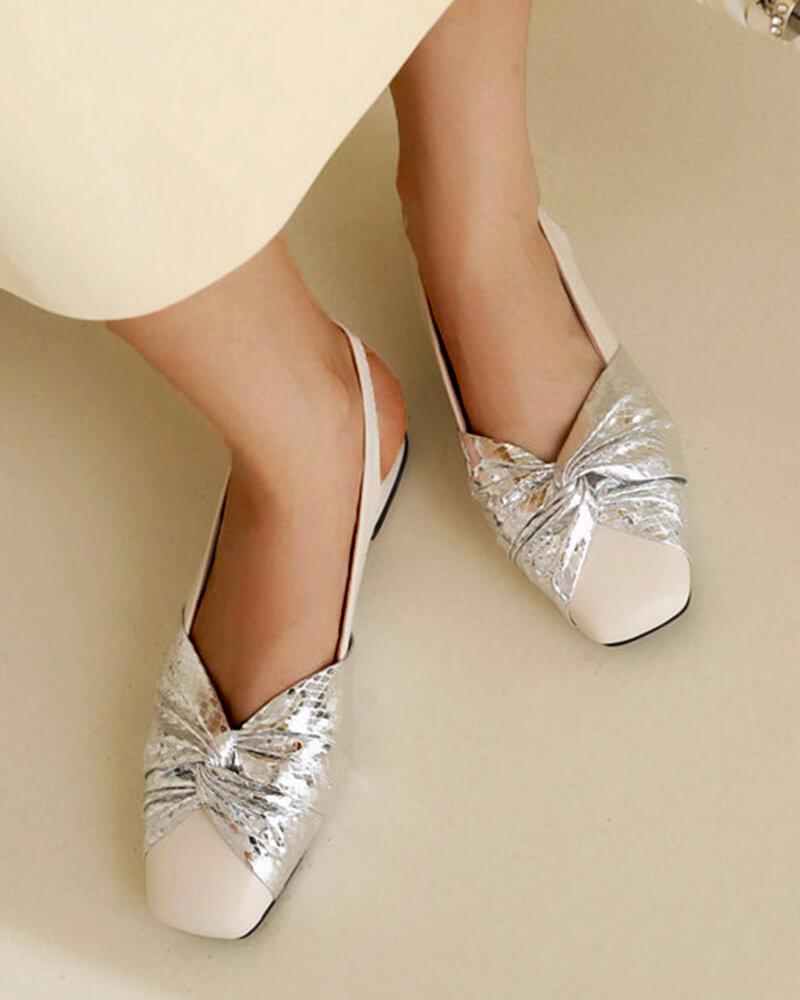 Patent Leather Square Toe Bow Flats Block Heel