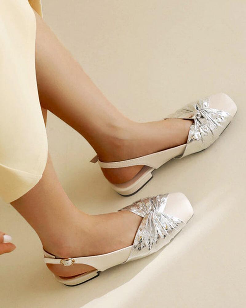 Patent Leather Square Toe Bow Flats Block Heel