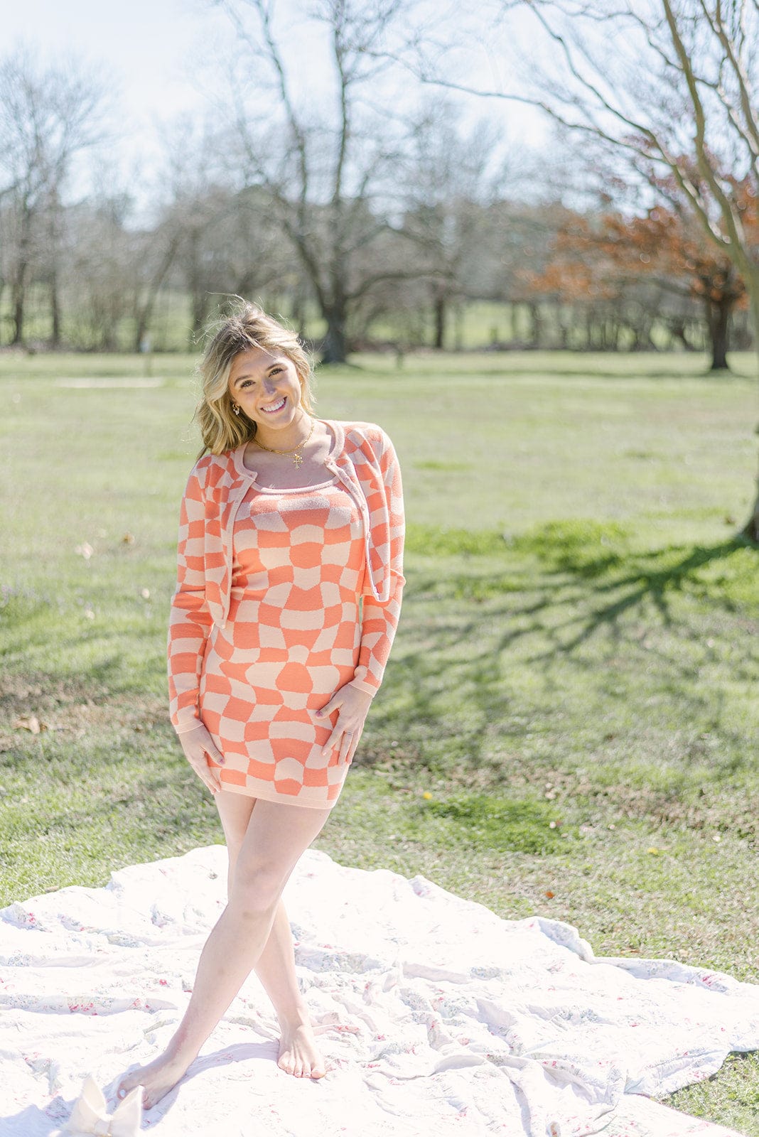 Peach Checkerboard Dress Set - Shop Online Now