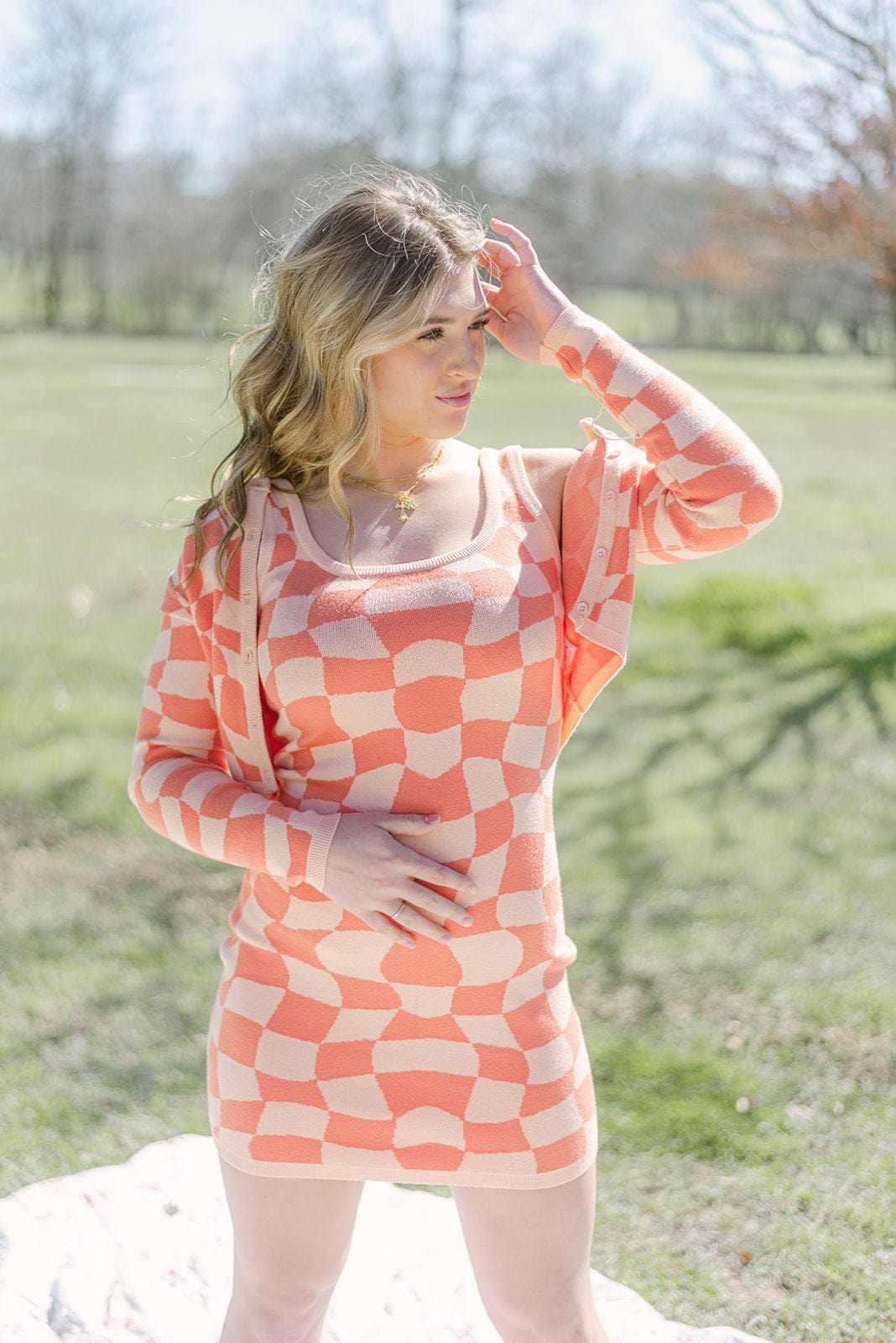 Peach Checkerboard Dress Set - Shop Online Now