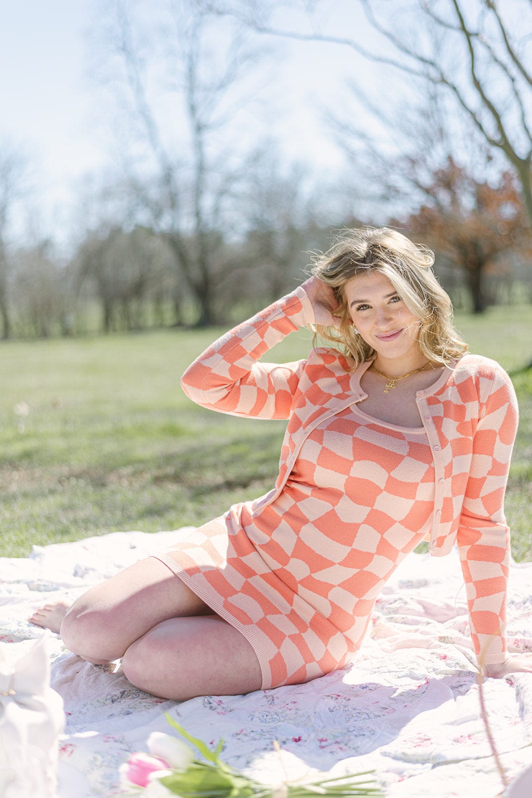 Peach Checkerboard Dress Set - Shop Online Now